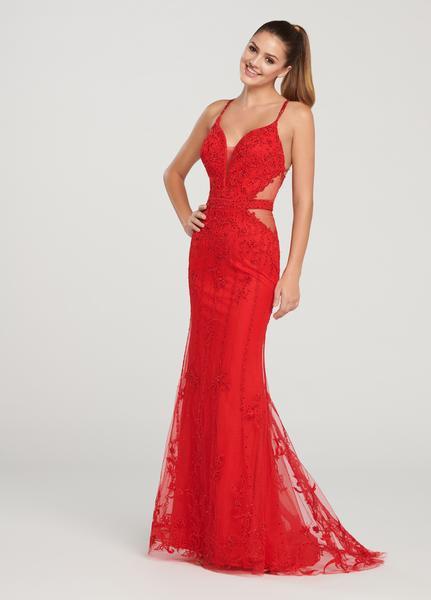 Ellie Wilde - EW119047 Beaded Sheer Paneled Crisscross Back Gown In Red