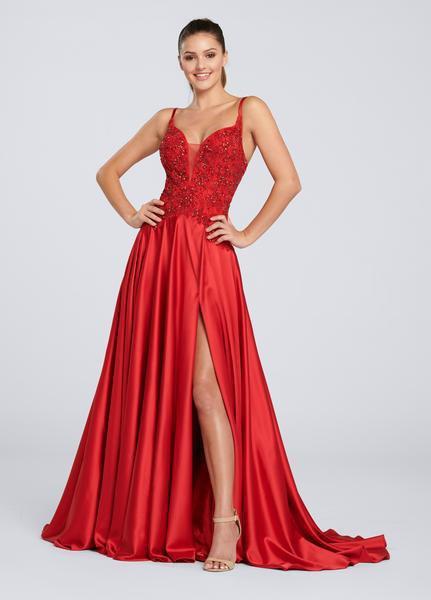 Ellie Wilde - EW119048 Beaded Bodice High Slit Sleek Gown In Red