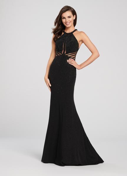 Ellie Wilde - EW119051 Halter Neck Cutout Back Glitter Sheath Gown In Black