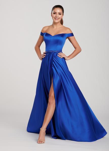 Ellie Wilde - EW119053 Off Shoulder High Front Slit Charmeuse Gown In Blue