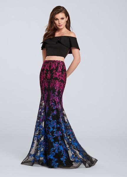 Ellie Wilde - EW119056 Ombre Sequined Lace Two Piece Mermaid Dress In Black and Multi-Color