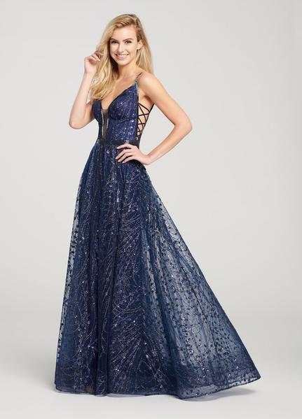 Ellie Wilde - EW119066 Embellished Deep V-neck A-line Dress In Blue