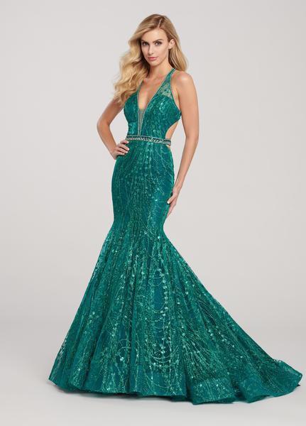 Ellie Wilde - EW119067 Plunging V-Neck Beaded Strapped Trumpet Gown In Green
