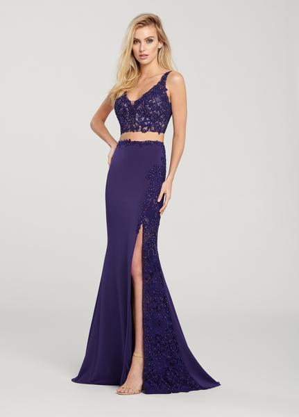 Ellie Wilde - EW119070 Lace Bustier Crop Top Two-Piece Evening Gown In Purple