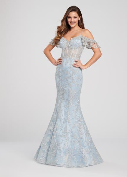 Ellie Wilde - EW119081 Jeweled Illusion Corset Lace Gown In Blue and Silver