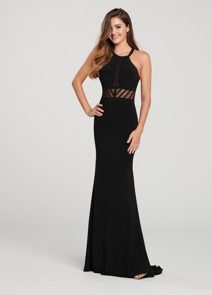 Ellie Wilde - EW119082 Geometric Illusion Trimmed Halter Gown In Black