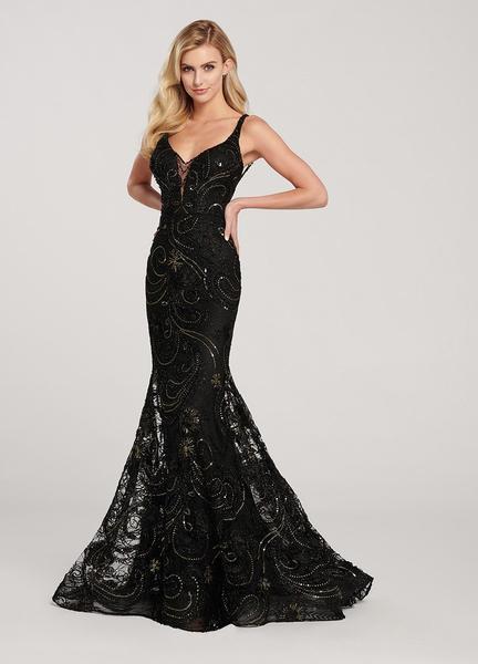 Ellie Wilde - EW119083 Embellished Deep V-neck Trumpet Gown In Black and Multi-Color