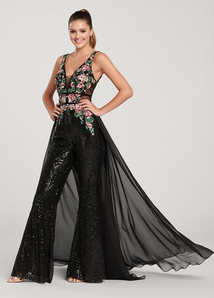 Ellie Wilde - EW119085 Floral Sequined Deep V-neck Jumpsuit In Black and Multi-Color