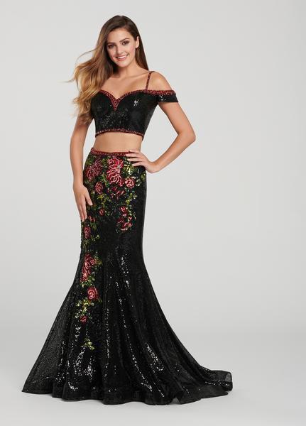 Ellie Wilde - EW119086 Two Piece Floral Sequined Mermaid Dress In Black and Multi-Color