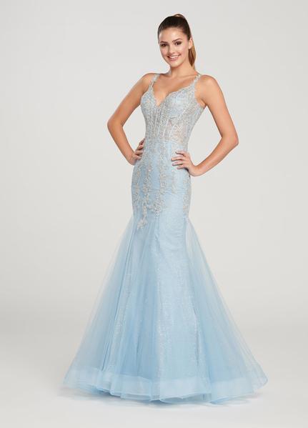 Ellie Wilde - EW119093 Beaded Lace V-neck Mermaid Dress In Blue and Silver