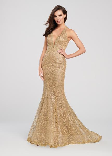 Ellie Wilde - EW119096 Plunging Halter Metallic Lace Trumpet Gown In Gold