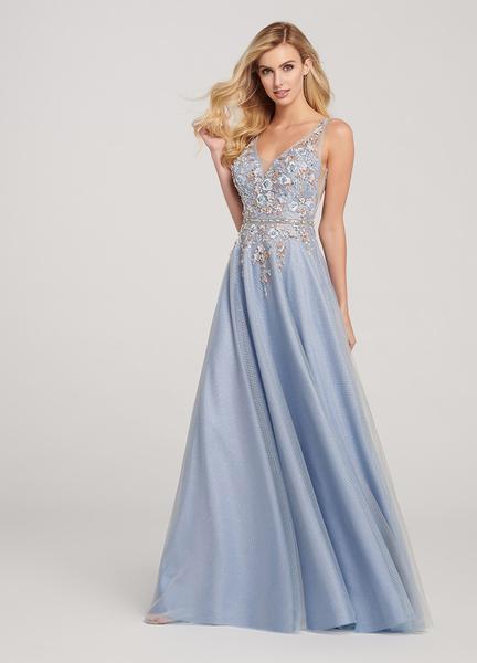 Ellie Wilde - EW119097 Floral Applique V-neck A-line Dress In Blue