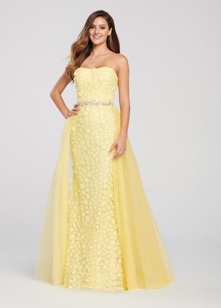 Ellie Wilde - EW119098 Dimensional Floral Lace Overskirt Gown In Yellow
