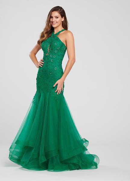 Ellie Wilde - EW119099 Embroidered Lace Crisscross Halter Gown In Green