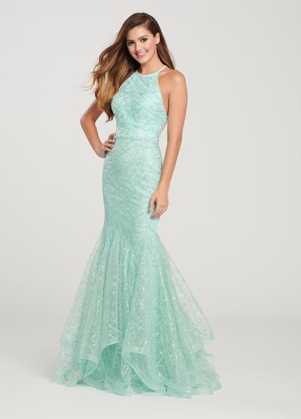 Ellie Wilde - EW119101 Sequined Glitter Tulle High Halter Gown In Green