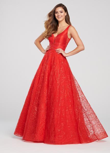 Ellie Wilde - EW119102 Plunging Crisscross Banded Glitter Tulle Gown In Red