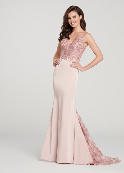 Ellie Wilde - EW119103 Bead Embroidered Lace Sheer Cascade Gown In Pink
