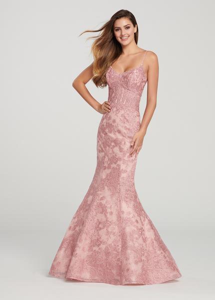 Ellie Wilde - EW119104 Scoop Neck Corset Bodice Trumpet Gown In Pink