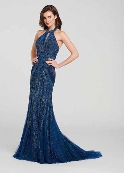 Ellie Wilde - EW119105 Halter Beaded Tulle Trumpet Dress In Blue and Green