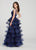 Ellie Wilde - EW119106 Beaded Lace Deep V-neck Ballgown In Blue