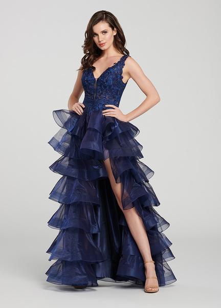 Ellie Wilde - EW119106 Beaded Lace Deep V-neck Ballgown In Blue