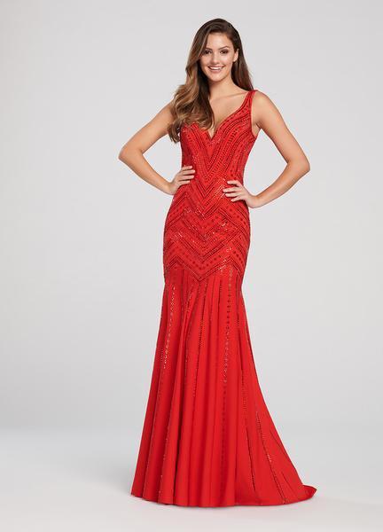 Ellie Wilde - EW119107 Beaded Jersey V-neck Trumpet Dress In Red