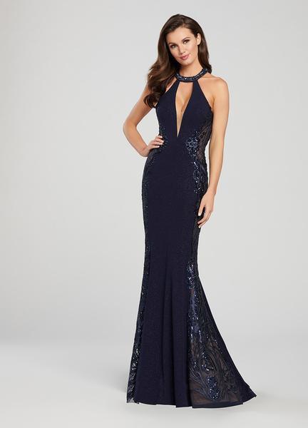 Ellie Wilde - EW119110 Bedazzled Halter Trumpet Dress In Blue