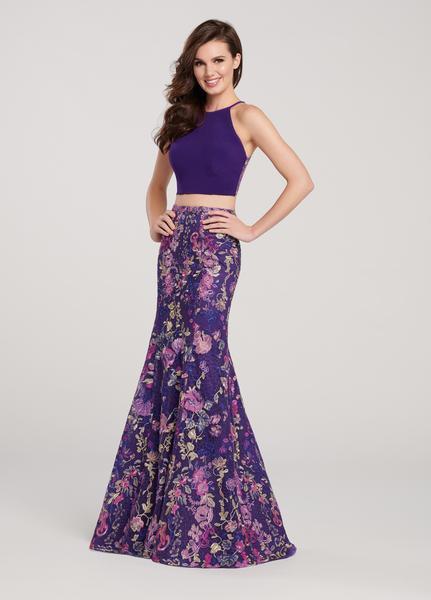 Ellie Wilde - EW119113 Two-Piece Embroidered Floral Trumpet Gown In Purple and Multi-Color