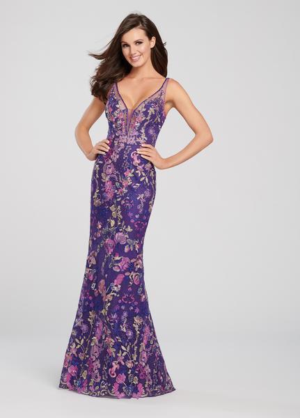 Ellie Wilde - EW119114 Illusion-Trimmed Embroidered Cutout Gown In Purple and Multi-Color