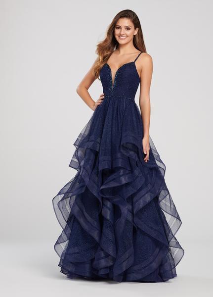 Ellie Wilde - EW119115 Illusion Plunging Neck Glitter Tulle Ballgown In Black