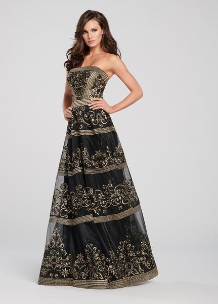 Ellie Wilde - EW119117 Two Tone Embroidered Tiered A-line Dress In Black and Gold