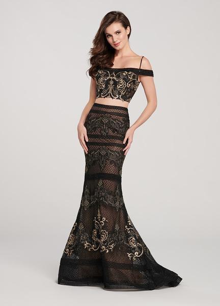 Ellie Wilde - EW119118 Two Piece Embroidered Lace Mermaid Dress In Black and Gold