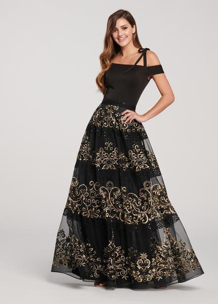 Ellie Wilde - EW119119 Two Tone Embroidered Off-Shoulder Dress In Black and Gold
