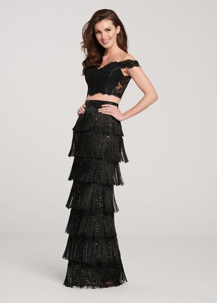Ellie Wilde - EW119121 Two Piece Sequined Lace Tiered Column Dress In Black and Gold