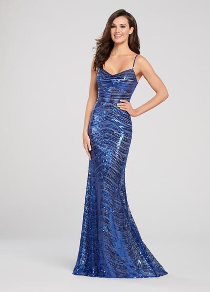 Ellie Wilde - EW119122 Sequined Ripple Motif Long Gown In Blue