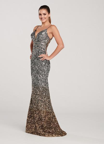 Ellie Wilde - EW119123 Sequined Plunging V-neck Trumpet Dress In Silver and Gold