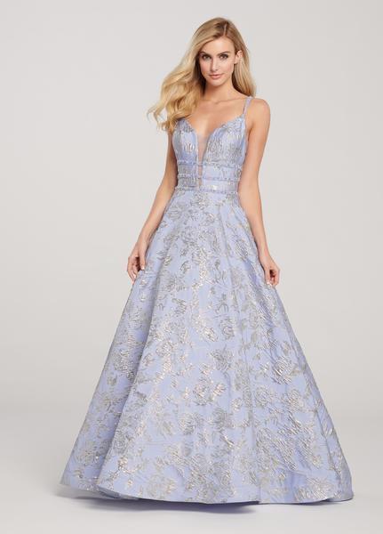 Ellie Wilde - EW119125 Metallic Embroidered Floral Jacquard Ballgown In Blue and Gold