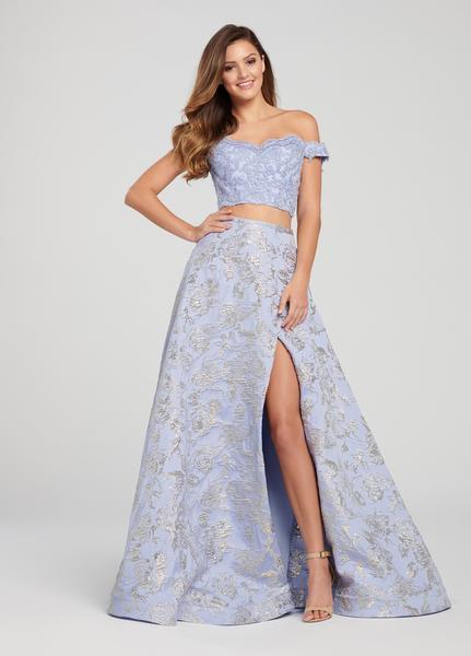 Ellie Wilde - EW119126 Two-Piece Metallic Floral High Slit Gown In Blue and Gold