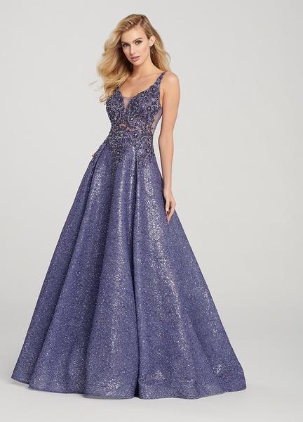 Ellie Wilde - EW119128 Bedazzled Plunging V-neck A-line Dress In Blue