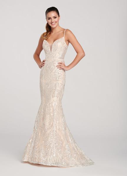 Ellie Wilde - EW119129 Sleeveless Sequined Deep V-neck Trumpet Dress In Neutral