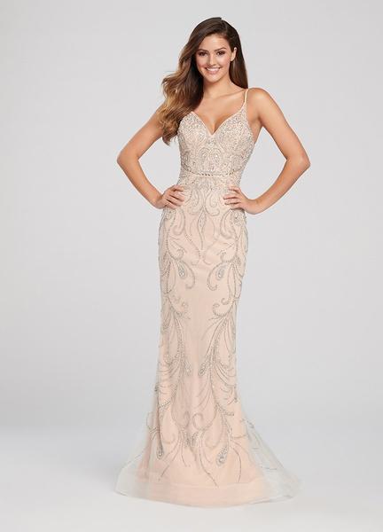 Ellie Wilde - EW119131 Beaded Tulle Plunging V-neck Trumpet Dress In Silver and Nude