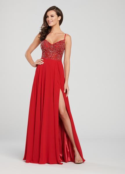 Ellie Wilde - EW119132 Bejeweled Lace Illusion Bodice Gown In Red
