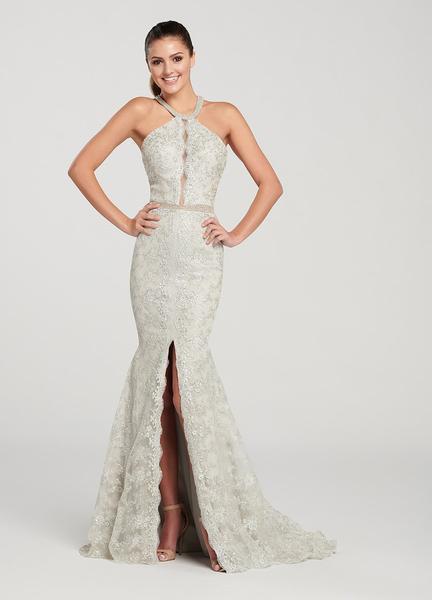 Ellie Wilde - EW119137 Metallic Corded Lace Halter Trumpet Dress In Silver