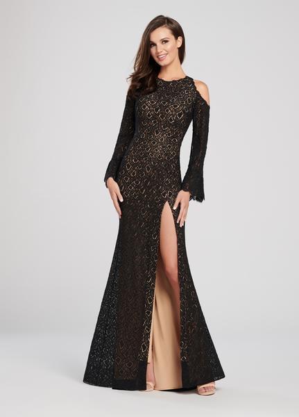 Ellie Wilde - EW119138 Split Bell Sleeve High Slit Lace Gown In Black