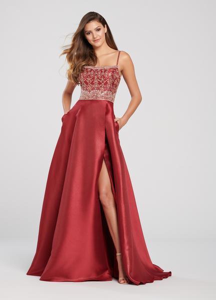 Ellie Wilde - EW119139 Beaded Bodice High Slit Mikado Gown In Red and Gold