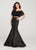 Ellie Wilde - EW119141 Bead Fringed Draped Lace Mermaid Gown In Black