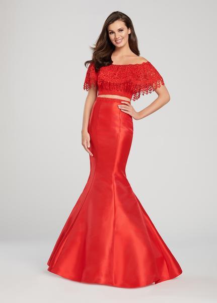 Ellie Wilde - EW119141 Bead Fringed Draped Lace Mermaid Gown In Red
