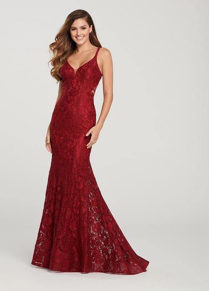 Ellie Wilde - EW119147 Embellished Plunging V-neck Trumpet Dress In Red