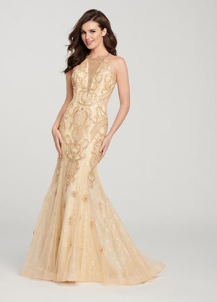 Ellie Wilde - EW119148 Embellished Halter Trumpet Dress In Neutral and Gold