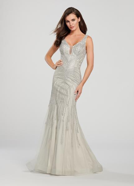 Ellie Wilde - EW119160 Plunging Sweetheart Embroidered Tulle Gown In Silver